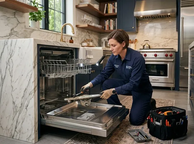 Appliance Repair Hero technician servicing a built-in dishwasher in a Austerlitz, NY kitchen