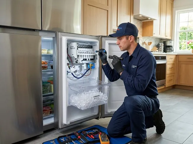 Appliance Repair Hero technician repairing a refrigerator ice maker in Austerlitz, NY